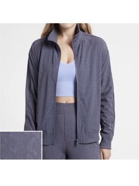 Athleta Brooklyn Bomber Jacket Womens Large Blue Leopard Animal Print Full Zip